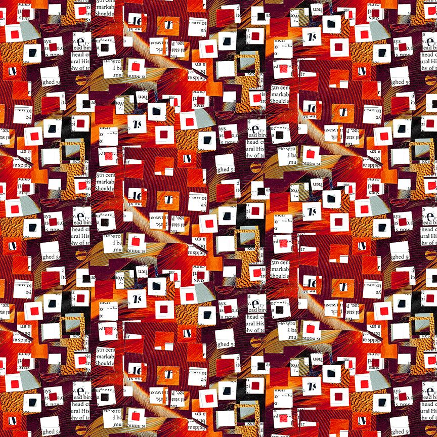Spread the Word Quilt Fabric - Newspaper Snippets on Abstract Shapes in Red/Multi - 4201-88