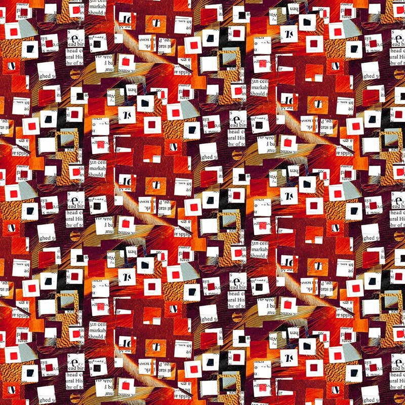 Spread the Word Quilt Fabric - Newspaper Snippets on Abstract Shapes in Red/Multi - 4201-88