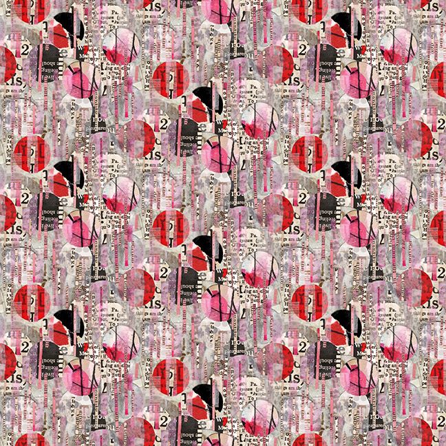 Spread the Word Quilt Fabric - Newspaper with Abstract Dots in Pink/Multi - 4199-22