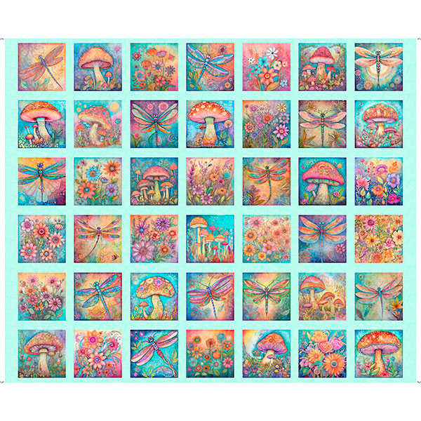 Spring Bling Quilt Fabric - Butterfly, Floral, and Mushroom in Aqua - 2600 30768 Q - SOLD AS A 36" PANEL