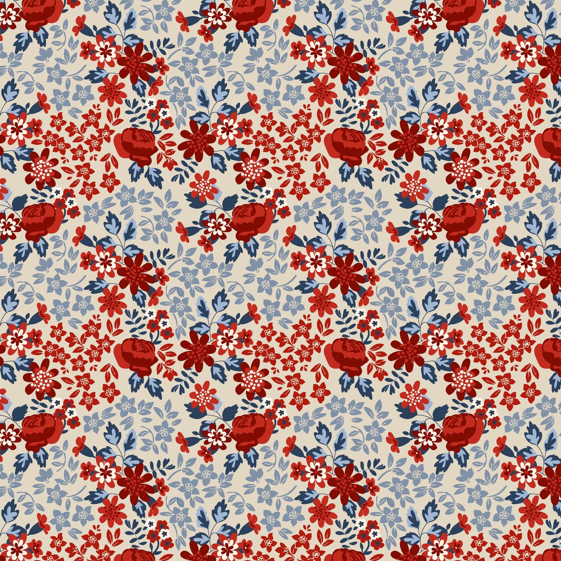 Stripes and Stars Quilt Fabric - Rose Floral in Antique Cream/Multi - W140-006-035