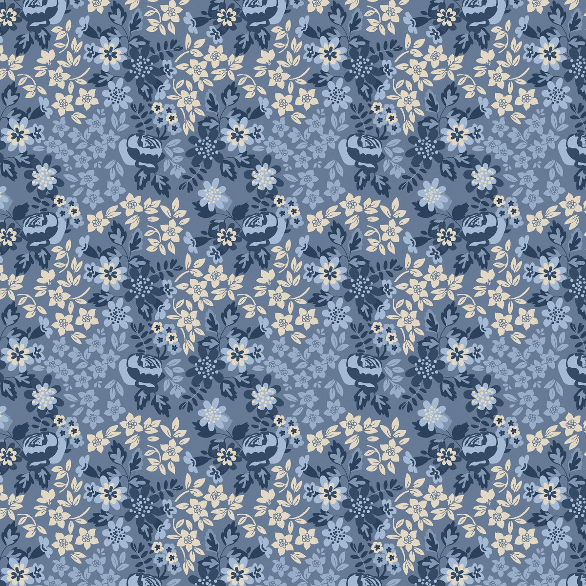 Stripes and Stars Quilt Fabric - Rose Floral in Blue Tonal - W140-006-550