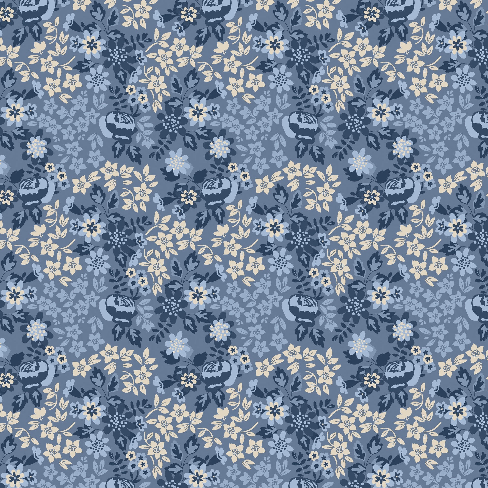 Stripes and Stars Quilt Fabric - Rose Floral in Blue Tonal - W140-006-550
