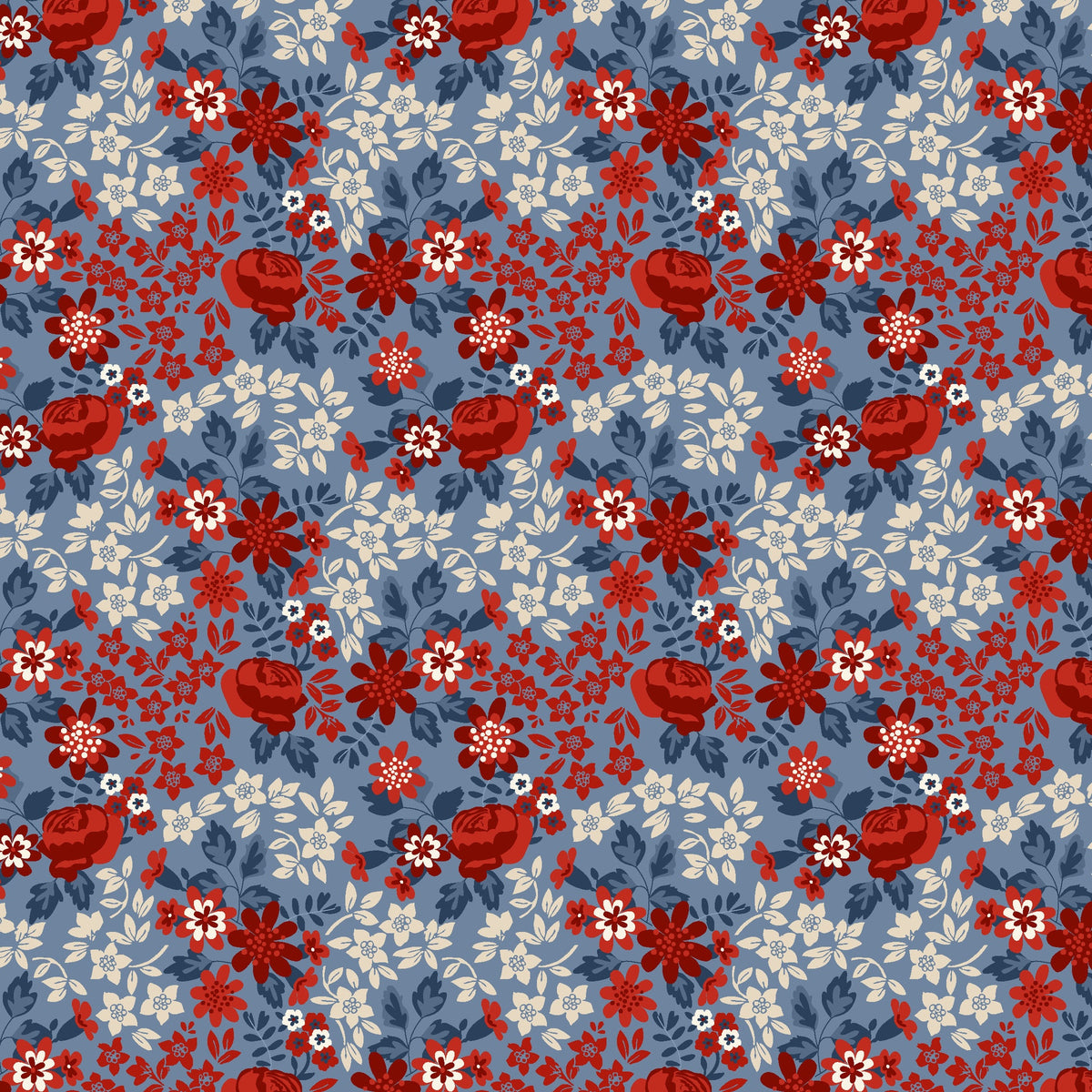 Stripes and Stars Quilt Fabric - Rose Floral in Blue/Multi - W140-006-535