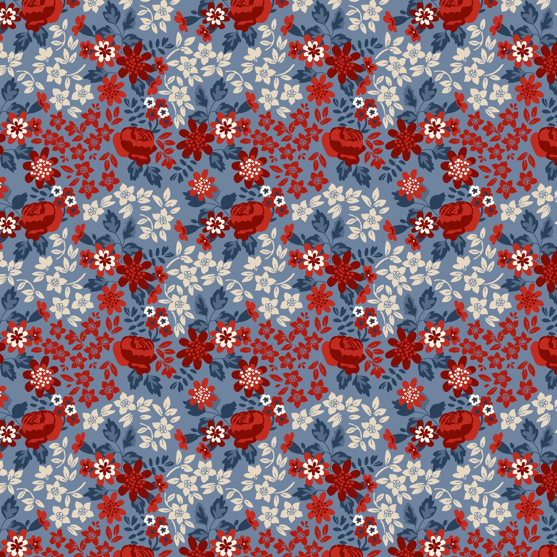 Stripes and Stars Quilt Fabric - Rose Floral in Blue/Multi - W140-006-535