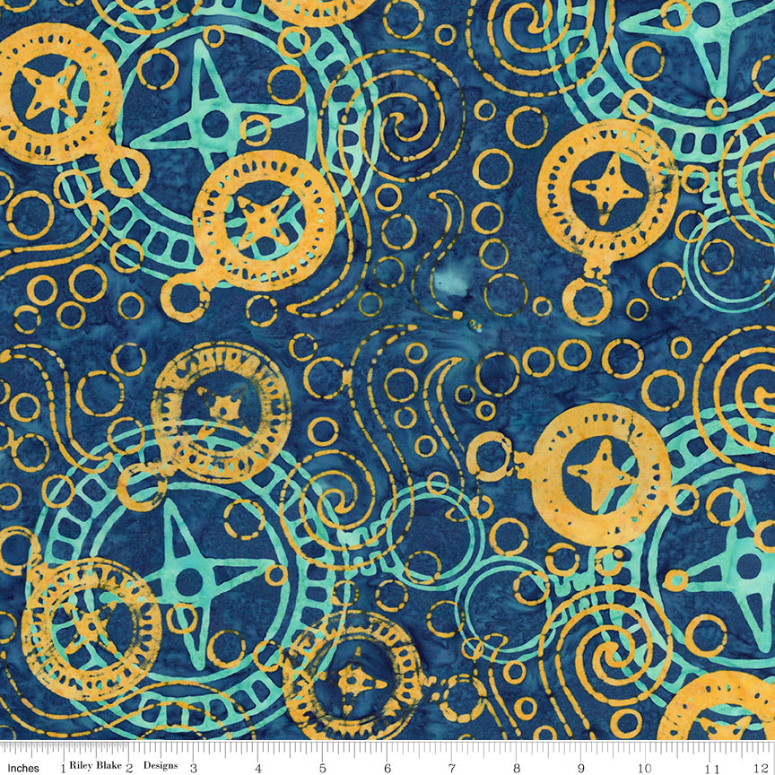 Sunken Treasure Expressions Batik Quilt Fabric - Mariner's Compass in Denim Dunes Blue/Gold  - BT23710-706