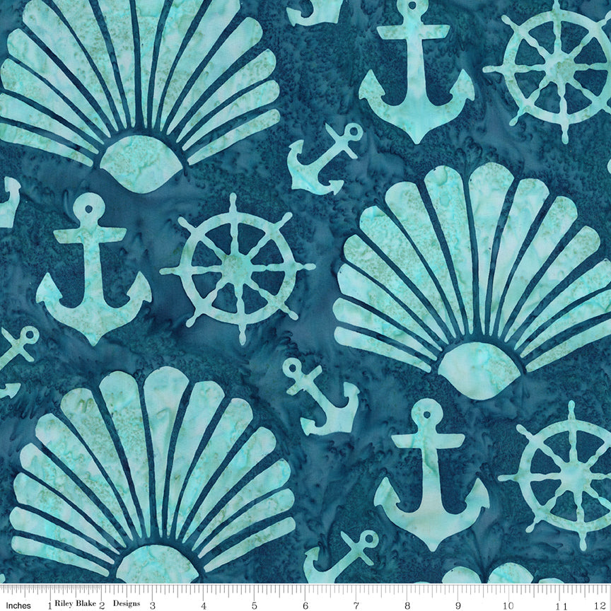 Sunken Treasure Expressions Batik Quilt Fabric - Scallops and Anchors in Azure Aqua - BT23713-296