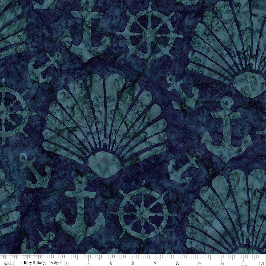 Sunken Treasure Expressions Batik Quilt Fabric - Scallops and Anchors in Denim Bijou Blue - BT23713-305