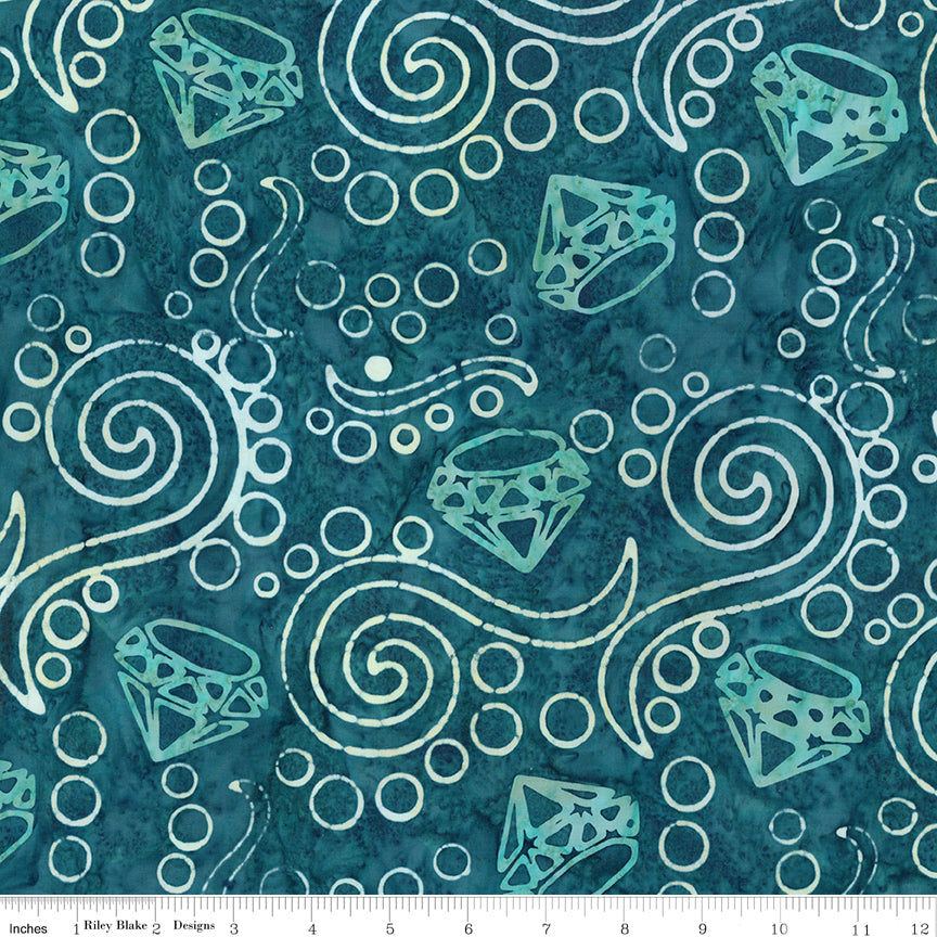 Sunken Treasure Expressions Batik Quilt Fabric - Swirls and Jewels in Blue Calm Aqua - BT23712-301