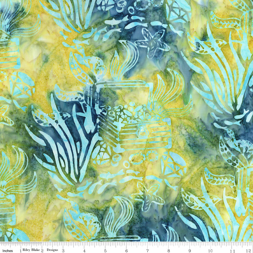 Sunken Treasure Expressions Batik Quilt Fabric - Treasure Chest in Spilled Tea Aqua/Gold - BT23714-288