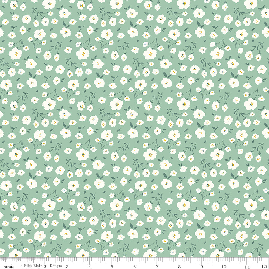 Sunsetridge Quilt Fabric - Flowers in Seafoam Green - C15732-SEAFOAM