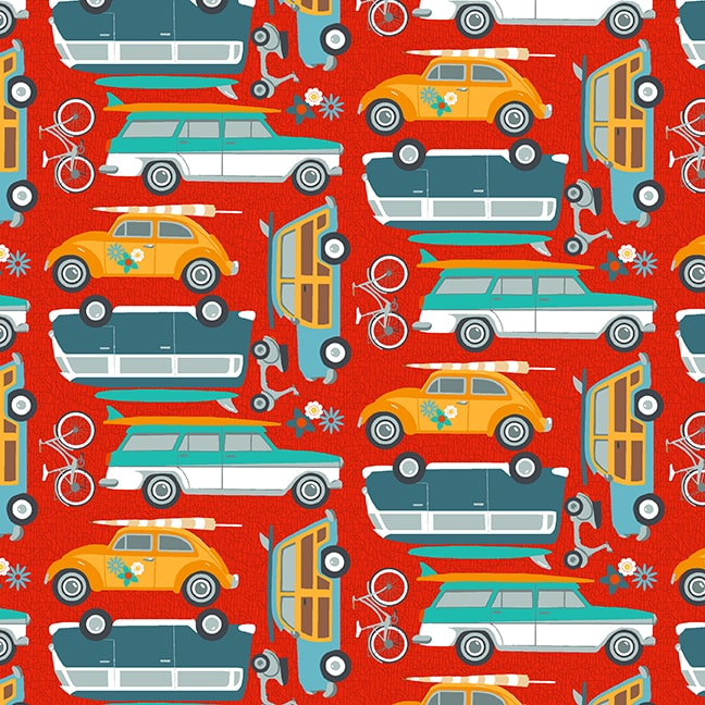 Surf's Up Quilt Fabric - Cars in Red - 1163-88