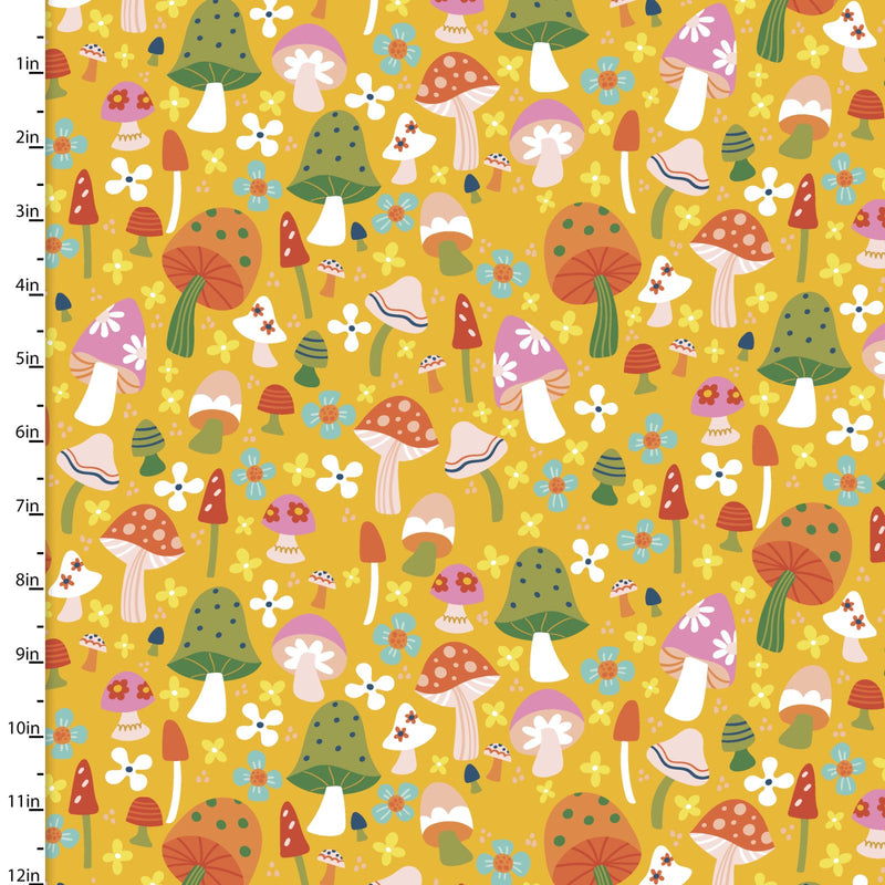 Susie Sunshine Quilt Fabric - Mushroom Field in Gold - 20708-GLD