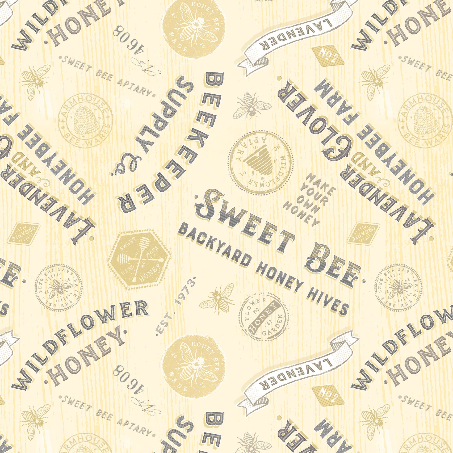 Sweet Honey Bee Quilt Fabric - Titles and Labels in Yellow - W115-008-272