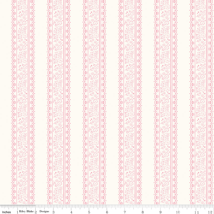 Sweet Pink Quilt Fabric - Floral Stripes in Cream - C17413-CREAM