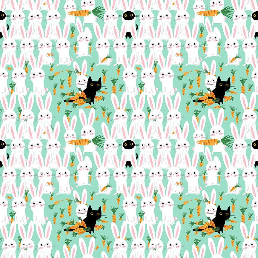 Sweet Purrennials Quilt Fabric - Bunny Meowscapades in Aruba Aqua - STELLA-DLW3110 ARUBA