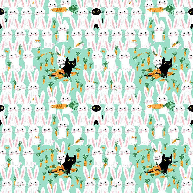 Sweet Purrennials Quilt Fabric - Bunny Meowscapades in Aruba Aqua - STELLA-DLW3110 ARUBA