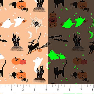 Sweet Treat Quilt Fabric - Castles in Orange - GLOW IN THE DARK - 91260G-56