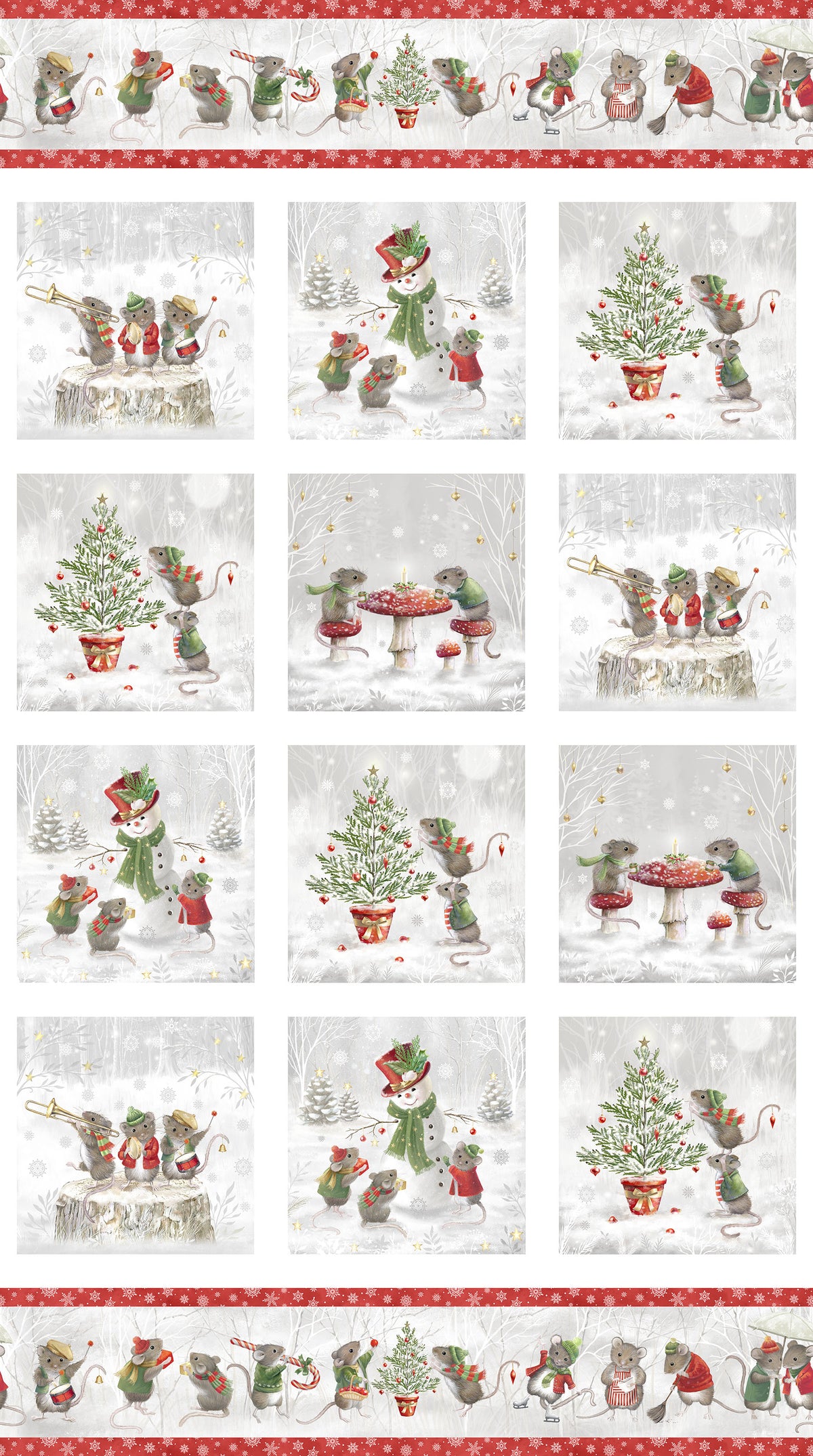 The Christmas Mouse Flannel Quilt Fabric - Blocks Panel in White/Multi - F28035-10 - SOLD AS A 24" PANEL