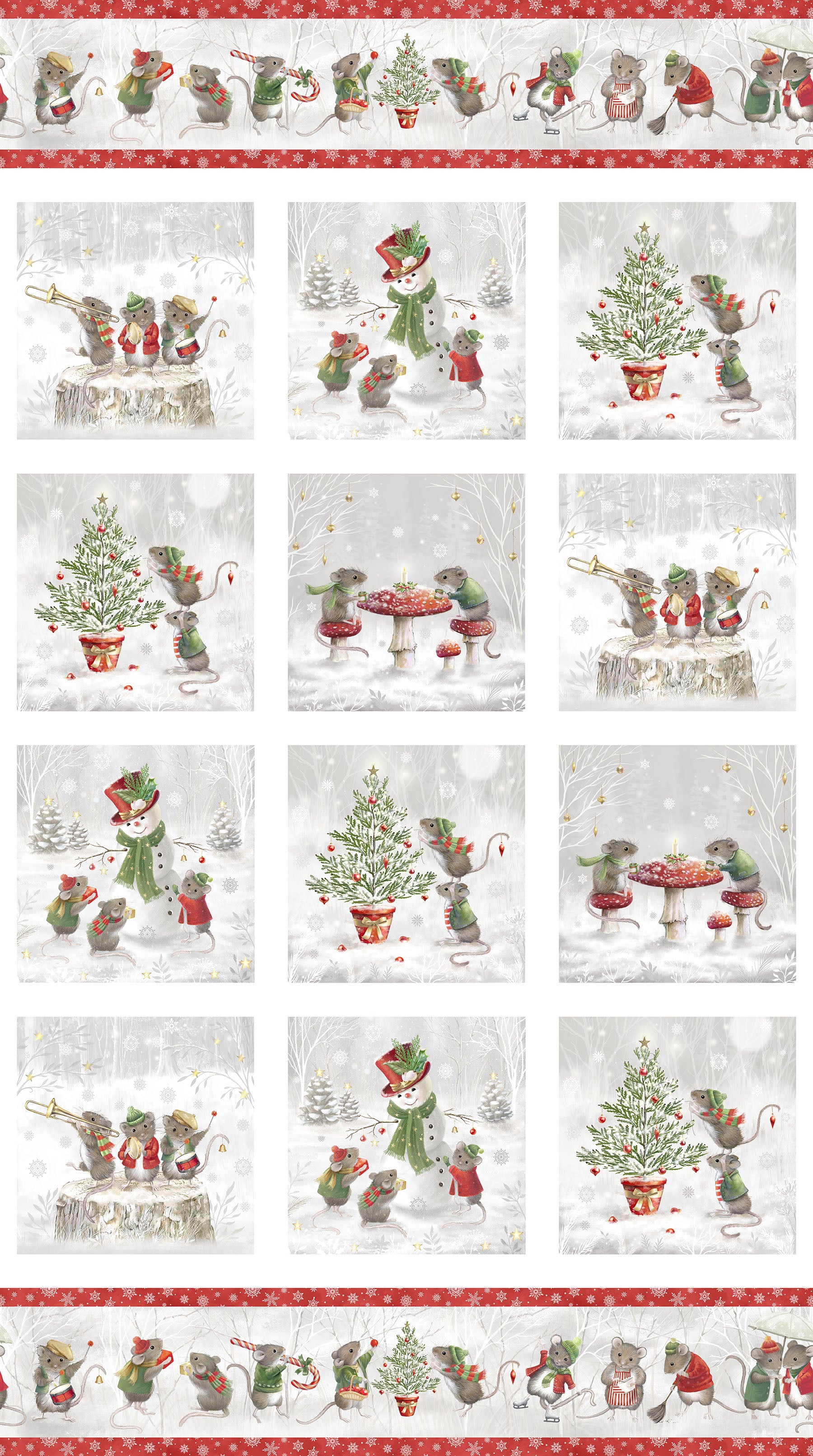 The Christmas Mouse Flannel Quilt Fabric - Blocks Panel in White/Multi - F28035-10 - SOLD AS A 24" PANEL