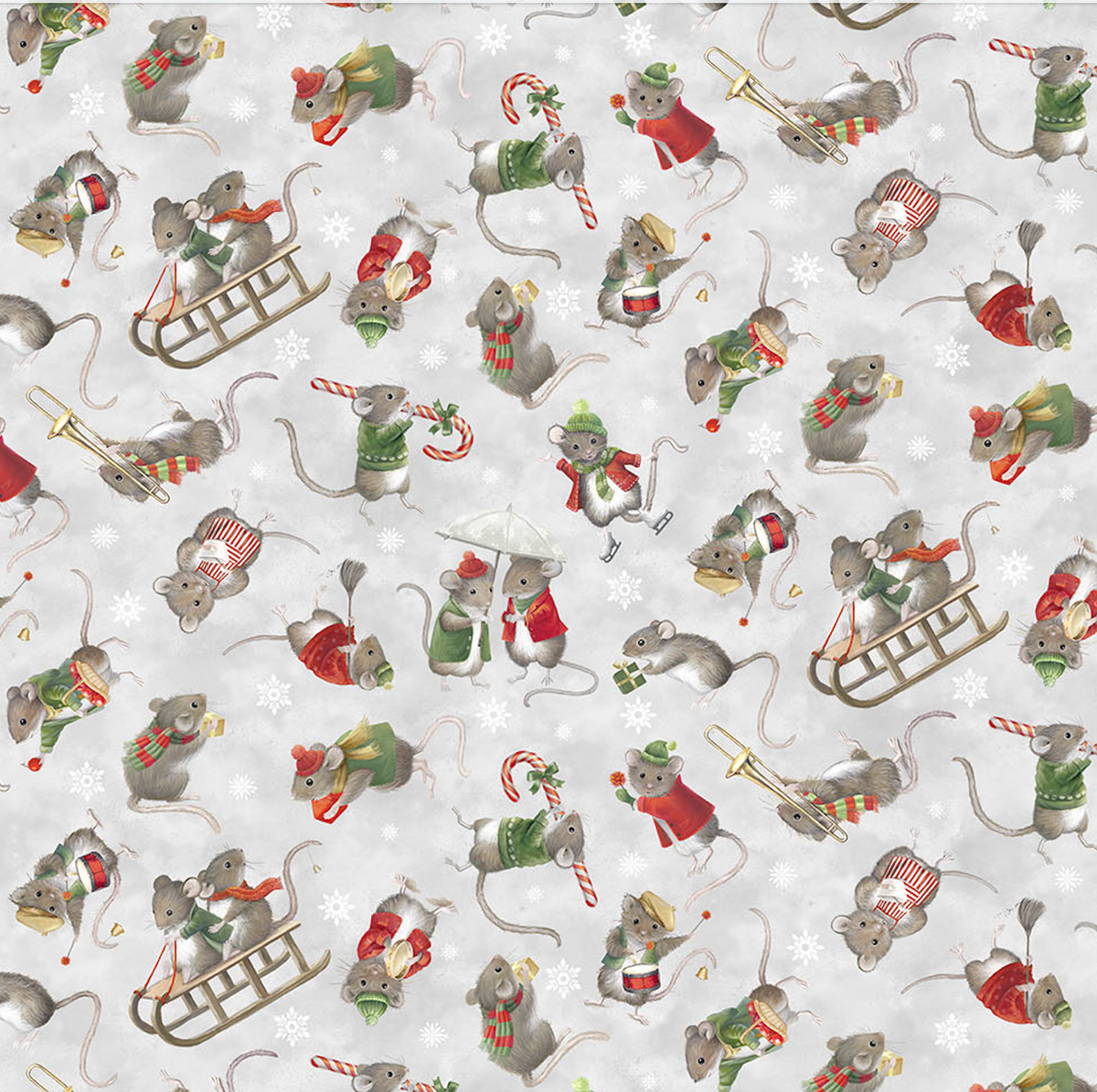The Christmas Mouse Flannel Quilt Fabric - Mouse Toss in Gray/Multi - F28039-92