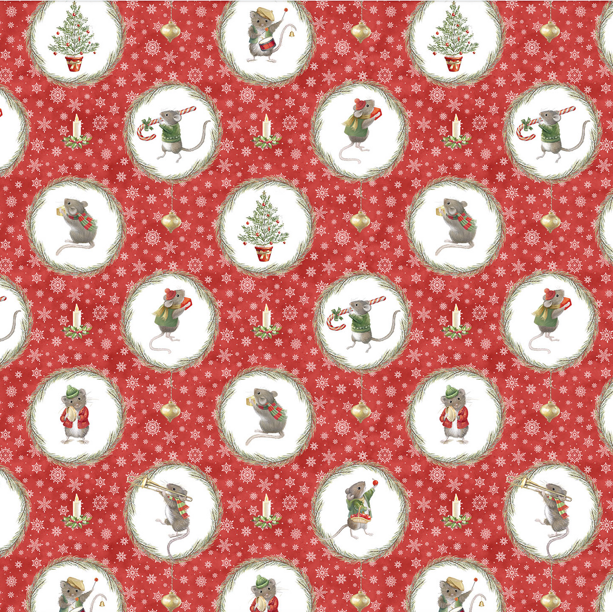 The Christmas Mouse Flannel Quilt Fabric - Wreaths in Red/Multi - F28037-24