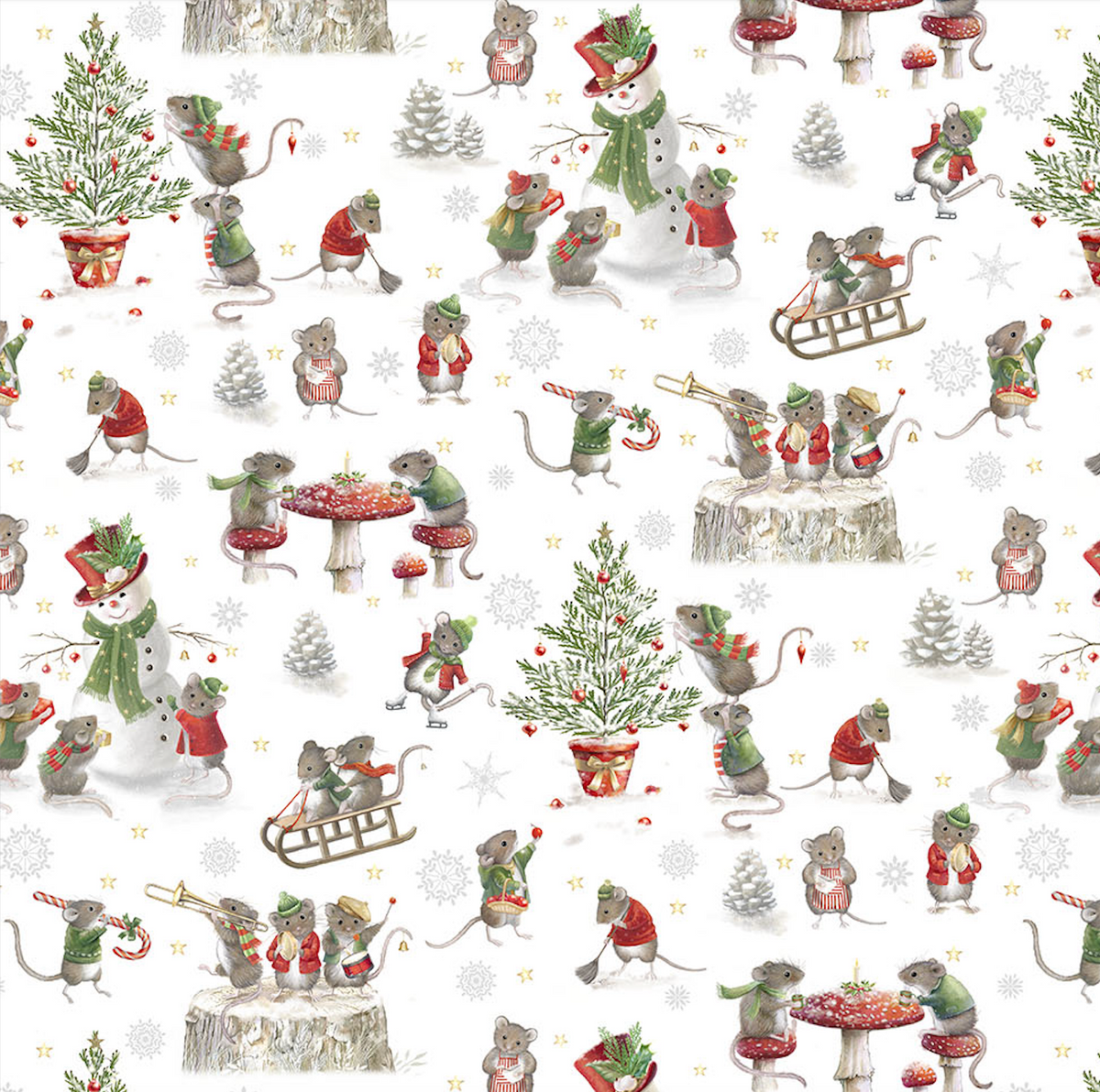 The Christmas Mouse Flannel Quilt Fabric - Mouse Scenic in White/Multi - F28038-10