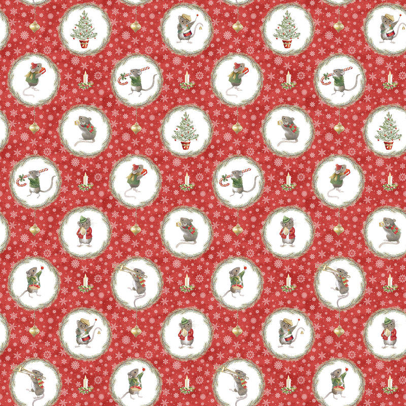 The Christmas Mouse Flannel Quilt Fabric - Wreaths in Red/Multi - F28037-24