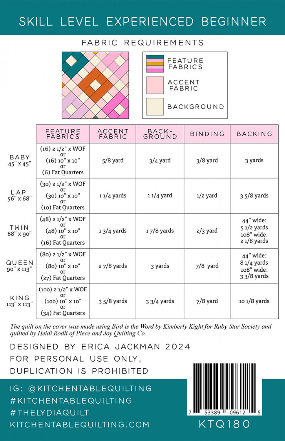 The Lydia Quilt Pattern from Kitchen Table Quilting - KTQ180
