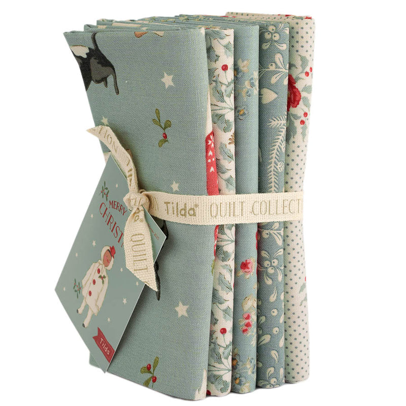 Tilda Merry Little Christmas Quilt Fabric - 5 piece Fat Quarter Bundle in Duck Egg Blue - TIL300243