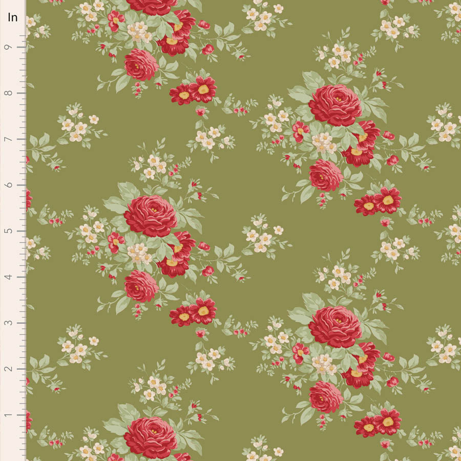 Tilda Merry Little Christmas Quilt Fabric - Carol Floral in Moss Green - TIL100632