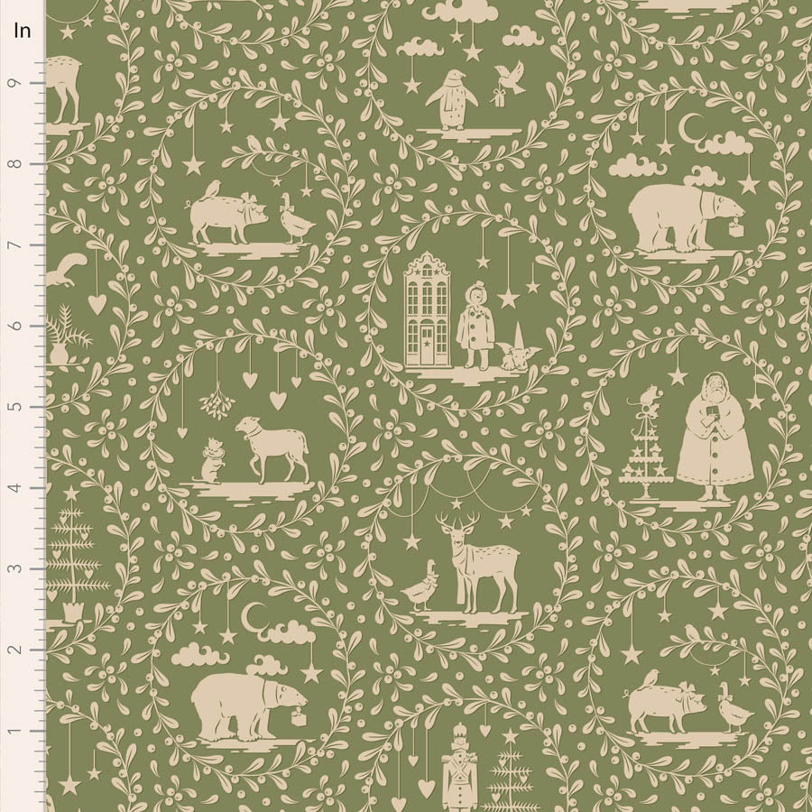 Tilda Merry Little Christmas Quilt Fabric - Paperscenes in Artichoke Green - TIL100635
