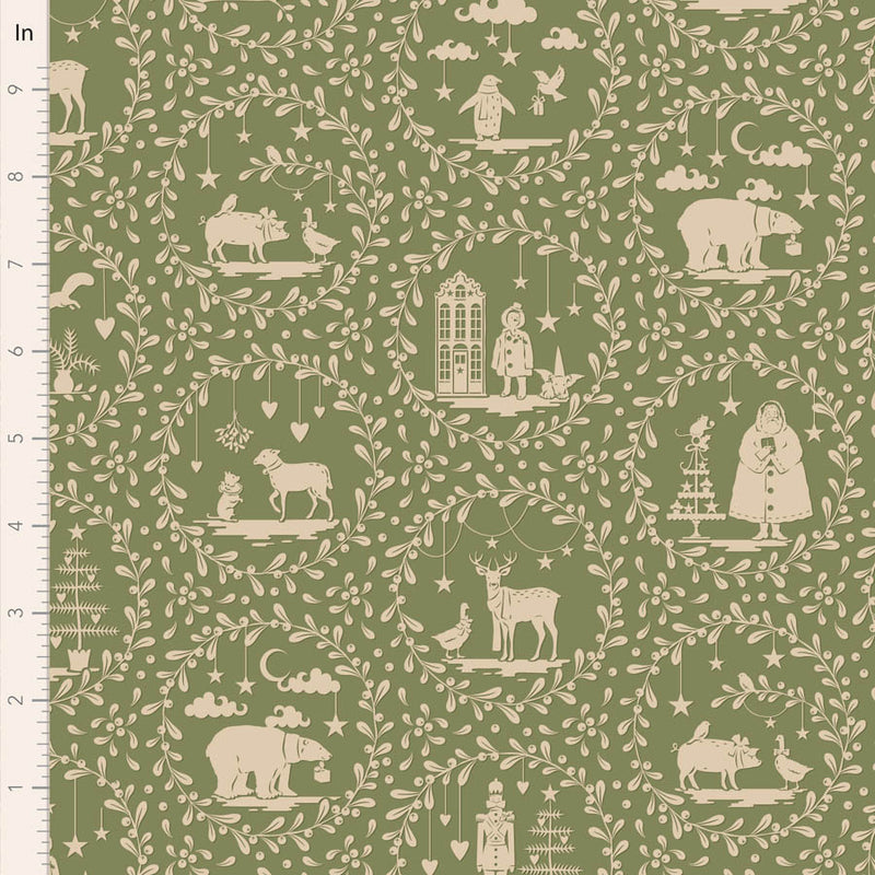 Tilda Merry Little Christmas Quilt Fabric - Paperscenes in Artichoke Green - TIL100635