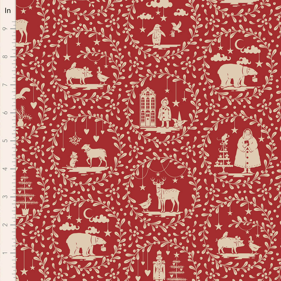 Tilda Merry Little Christmas Quilt Fabric - Paperscenes in Burgundy - TIL100625