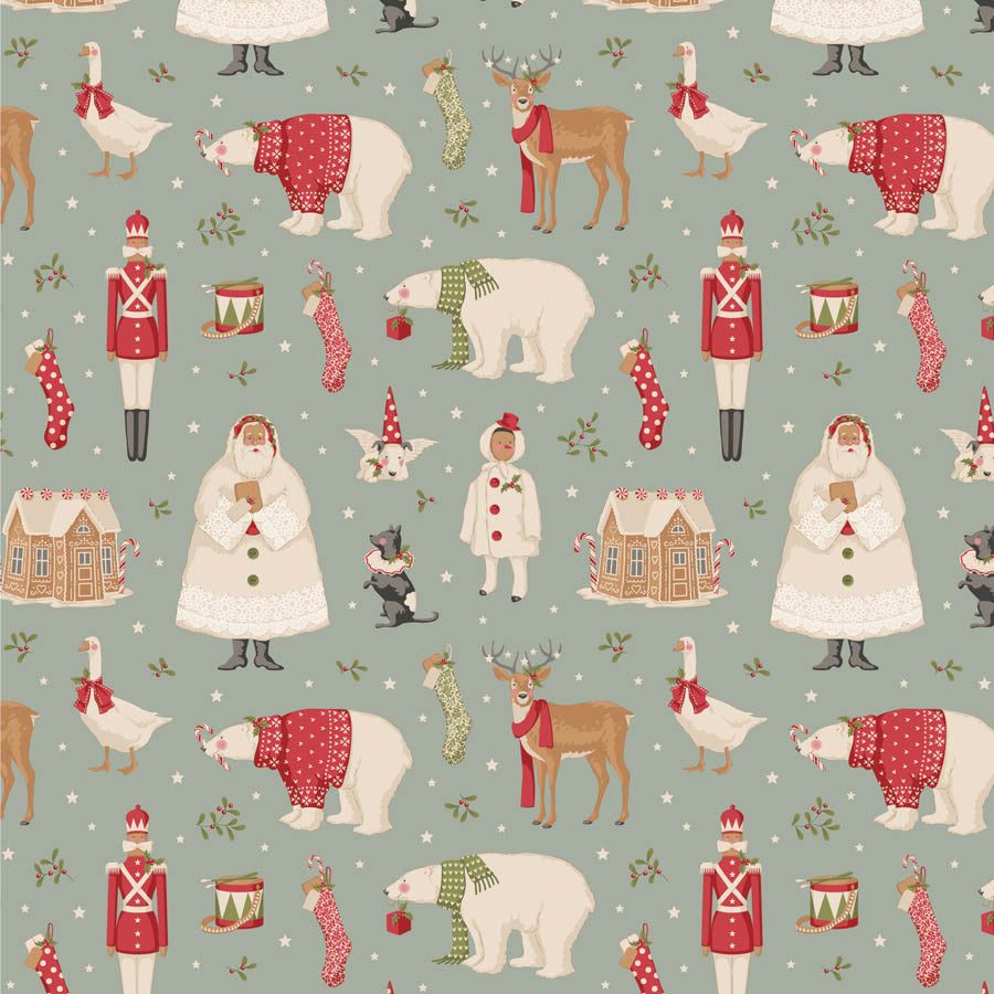 Tilda Merry Little Christmas Quilt Fabric - Winterfriends in Duck Egg Blue - TIL100630