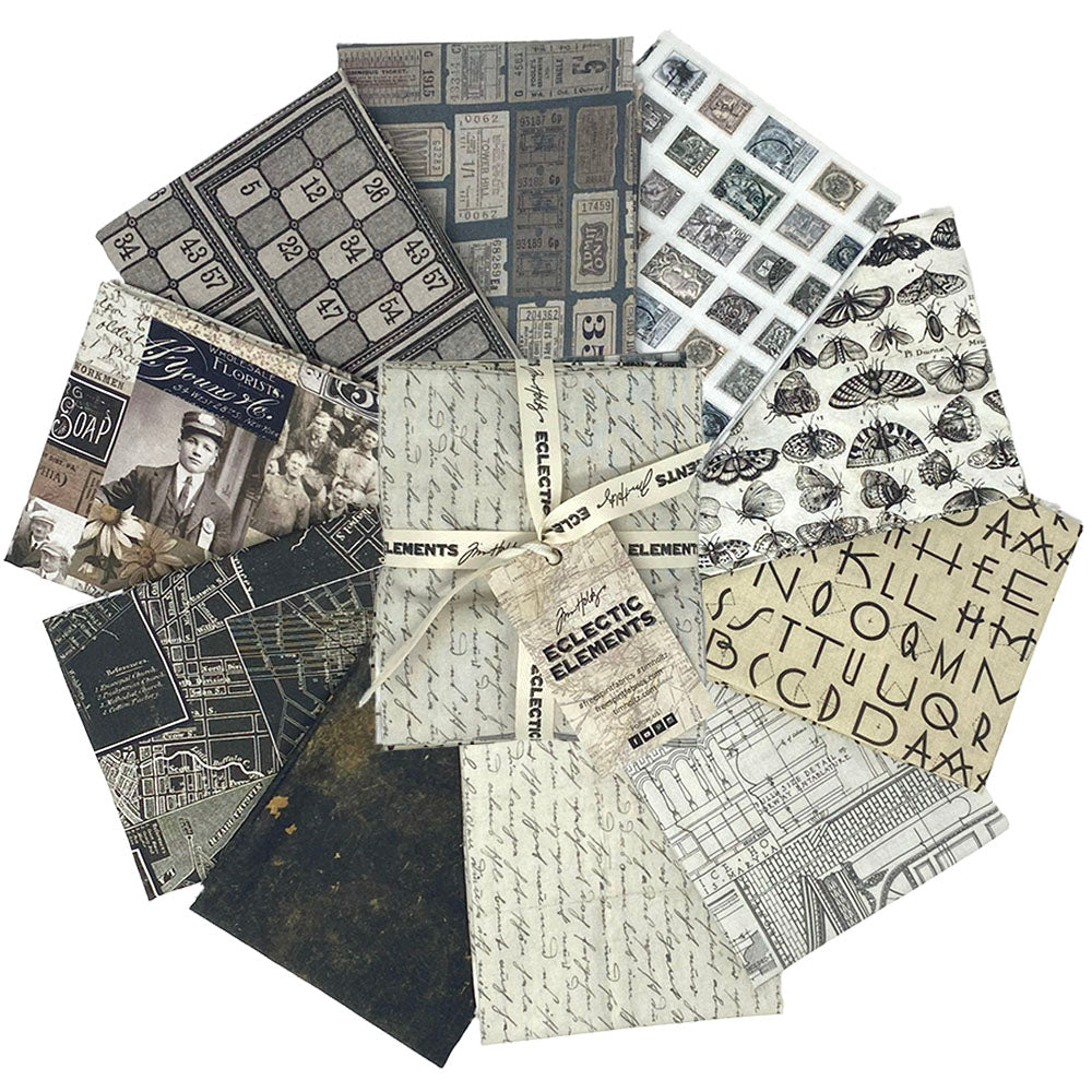 Tim Holtz Eclectic Elements Palette Quilt Fabric - Charcoal 10 piece Fat Quarter Bundle - TH-CHARCOAL