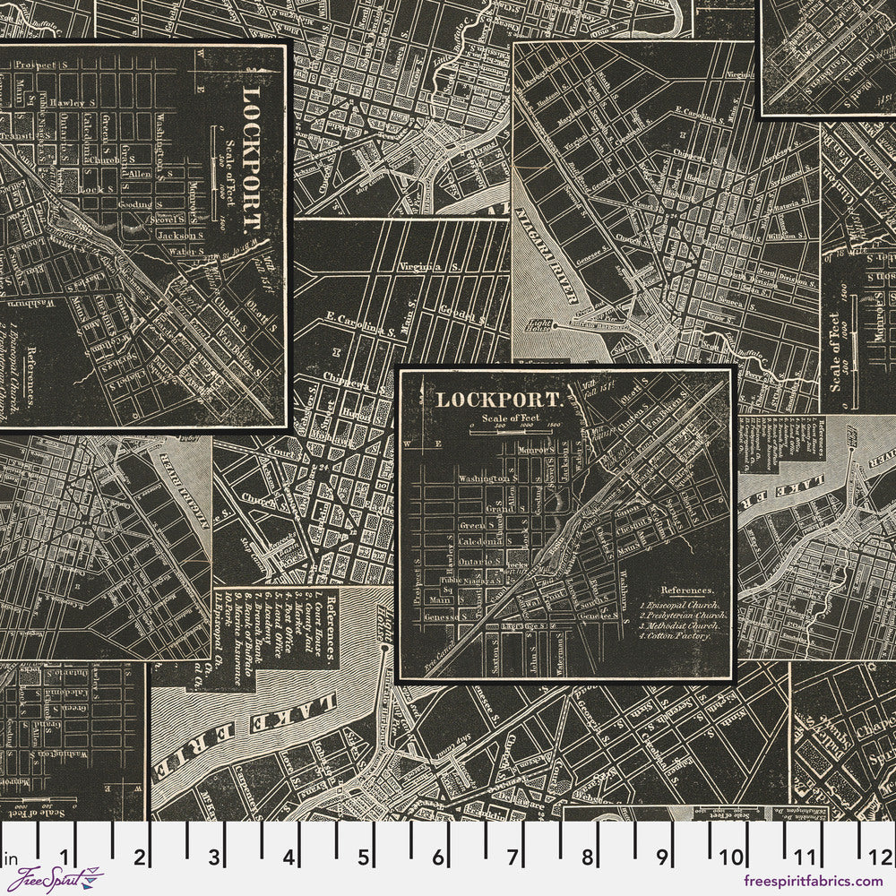 Tim Holtz Eclectic Elements Palette Quilt Fabric - Charcoal Map - PWTH313.CHARCOAL