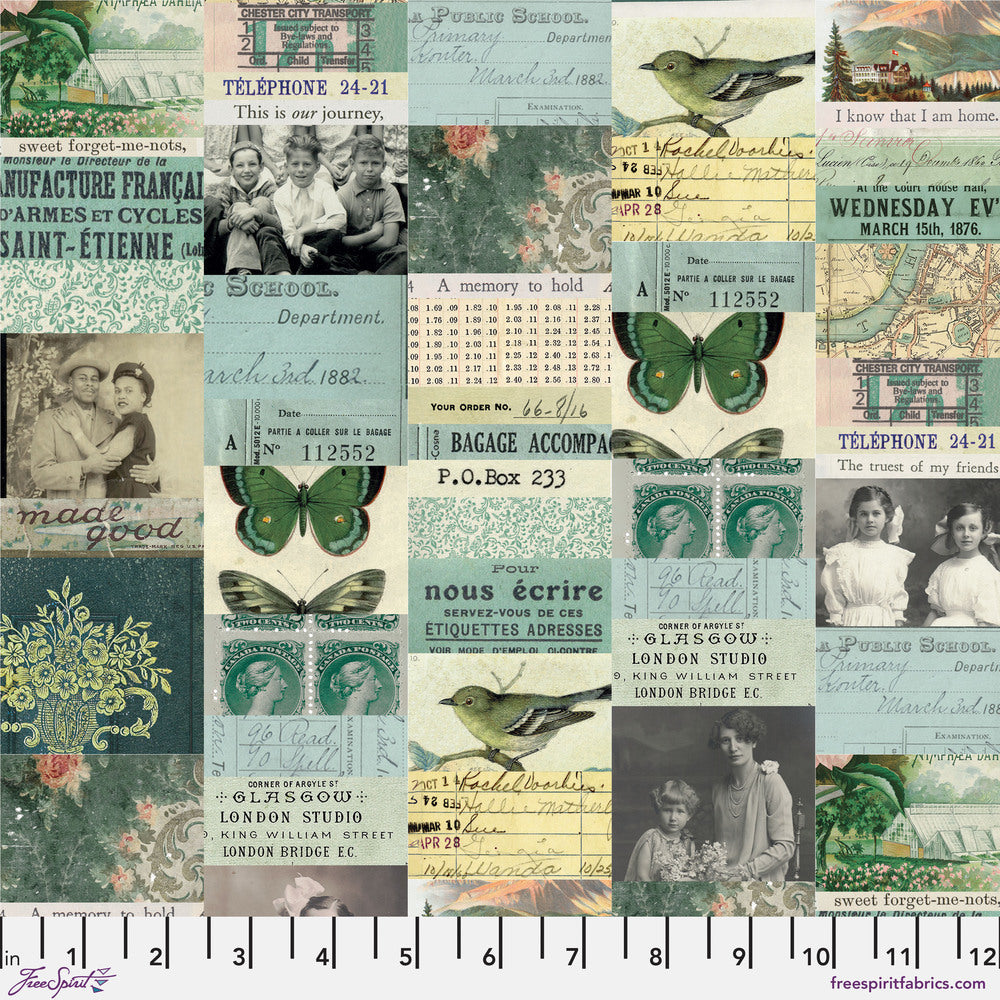 Tim Holtz Eclectic Elements Palette Quilt Fabric - Teal Collage - PWTH270.TEAL