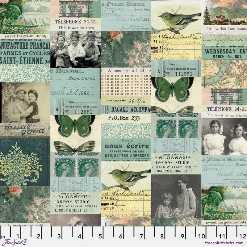 Tim Holtz Eclectic Elements Palette Quilt Fabric - Teal Collage - PWTH270.TEAL