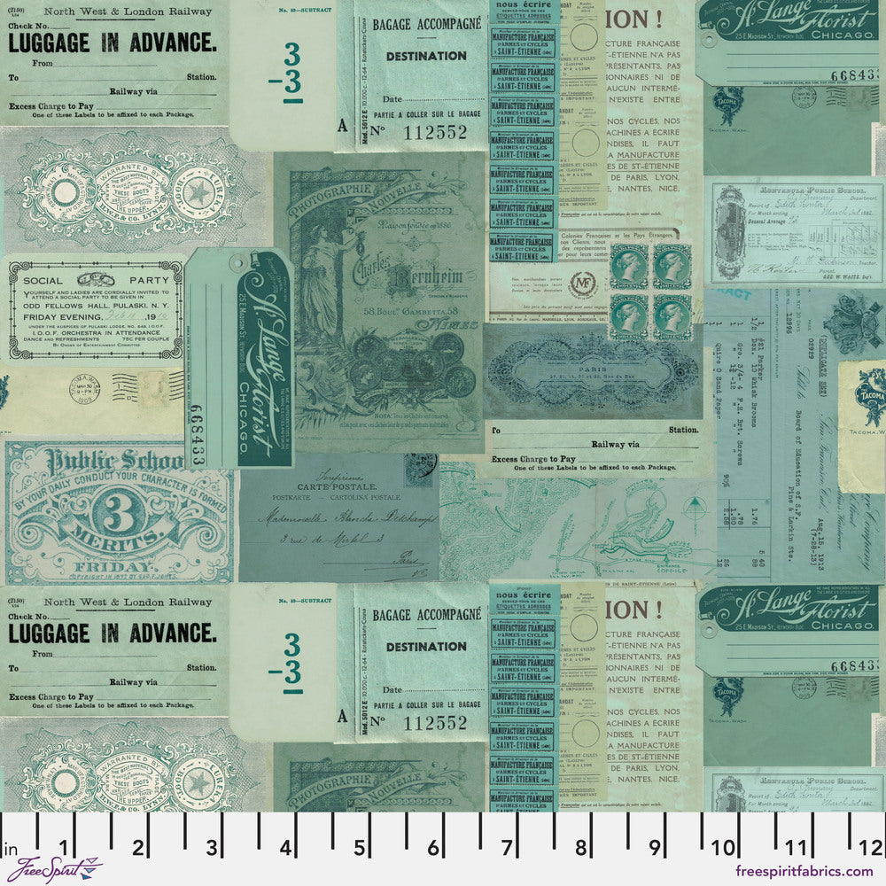 Tim Holtz Eclectic Elements Palette Quilt Fabric - Teal Ephemera - PWTH275.TEAL