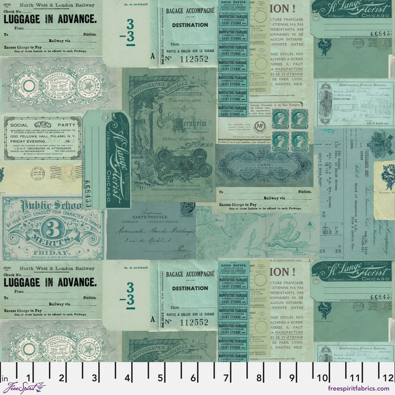 Tim Holtz Eclectic Elements Palette Quilt Fabric - Teal Ephemera - PWTH275.TEAL