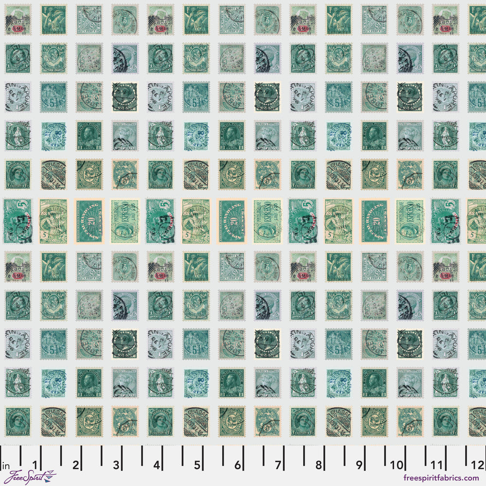 Tim Holtz Eclectic Elements Palette Quilt Fabric - Teal Stamps - PWTH271.TEAL