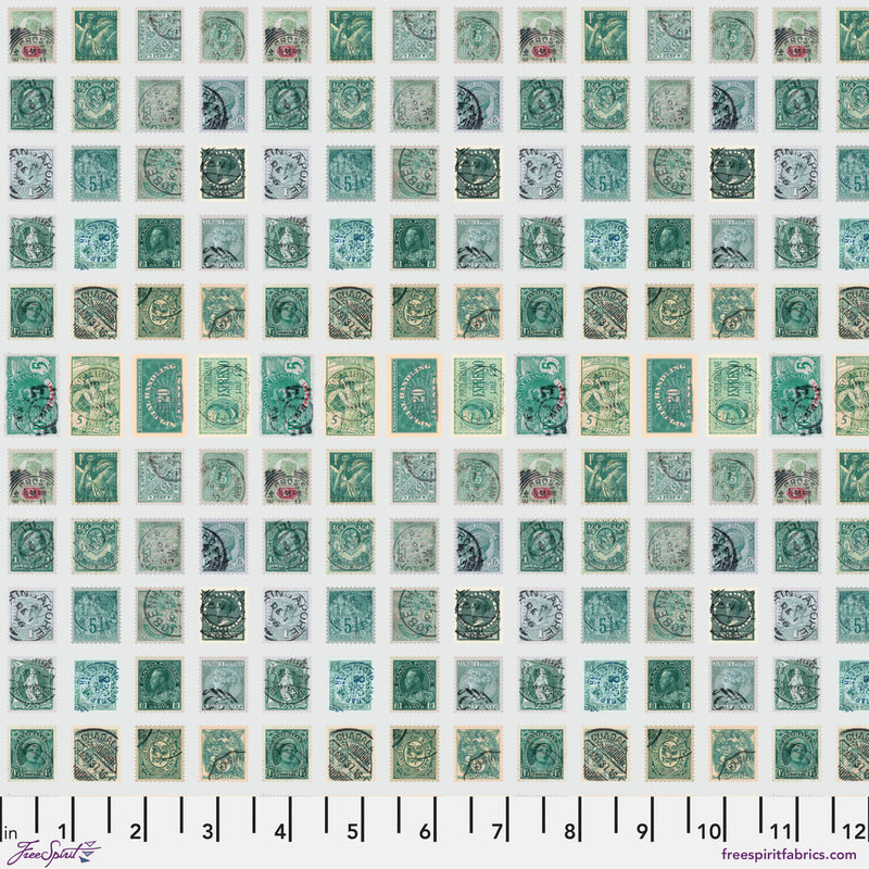 Tim Holtz Eclectic Elements Palette Quilt Fabric - Teal Stamps - PWTH271.TEAL