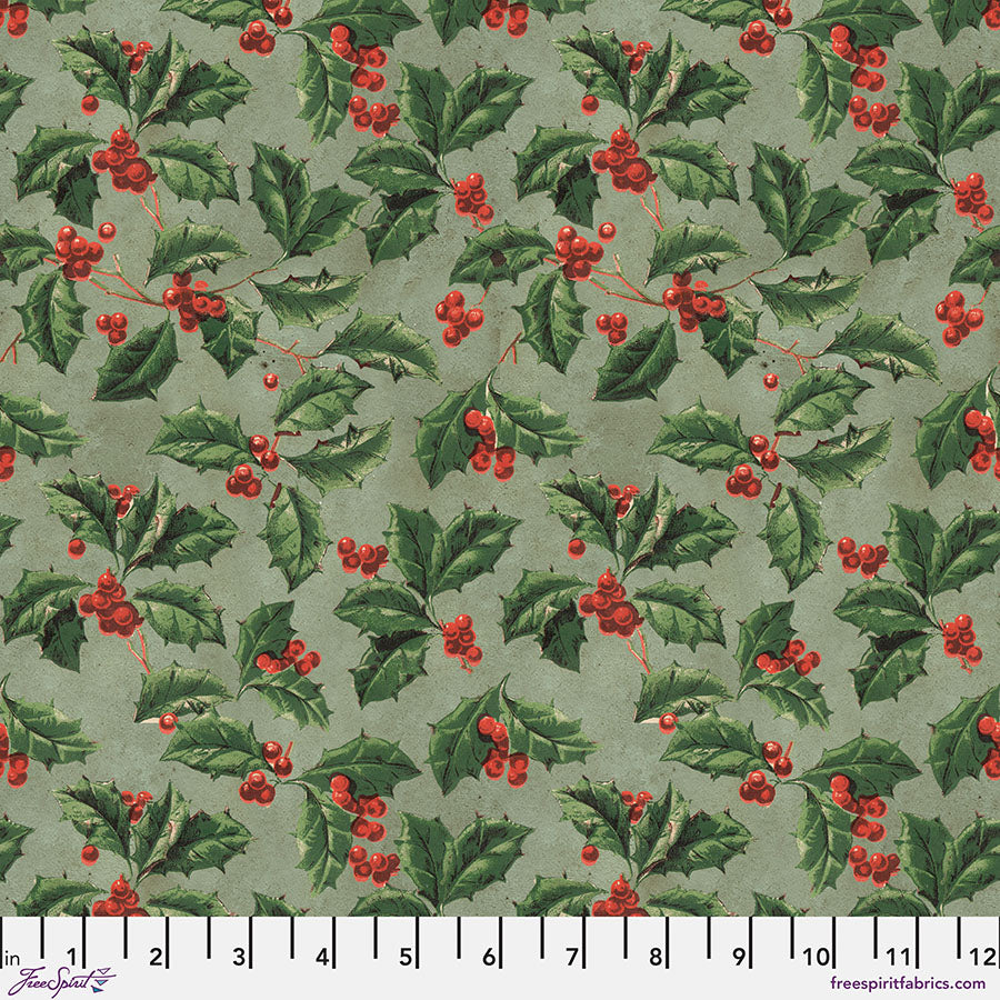 Tim Holtz Eclectic Elements Palette Seasonal Quilt Fabric - Christmas Holly in Green - PWTH337.CHRISTMAS