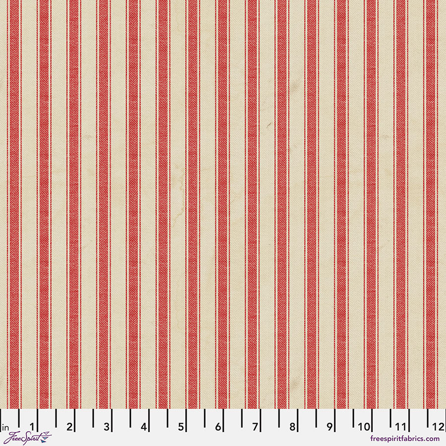 Tim Holtz Eclectic Elements Palette Seasonal Quilt Fabric - Christmas Linen Stripe in Tan/Red - PWTH339.CHRISTMAS