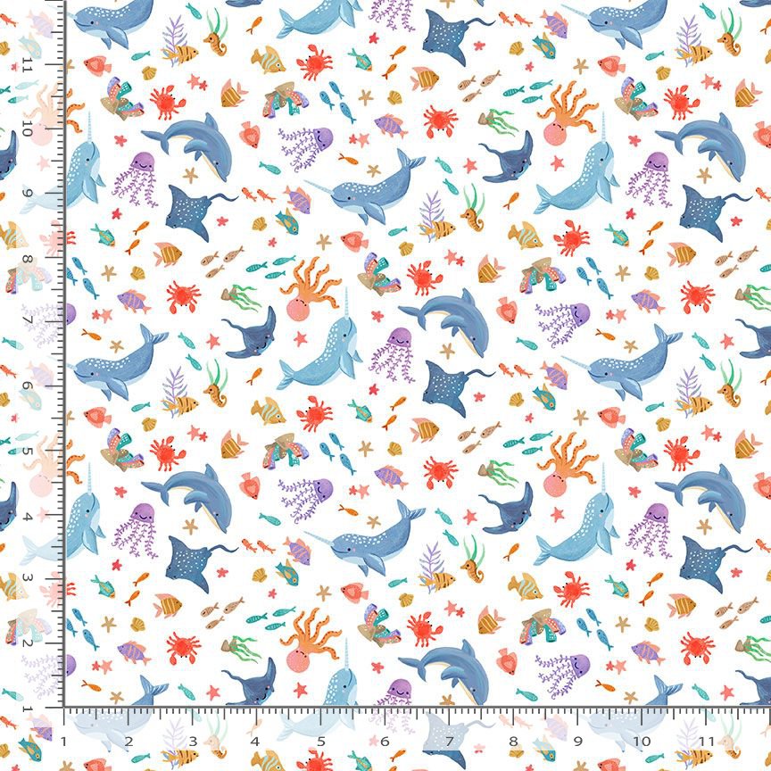 Timeless Treasures Novelty Quilt Fabric - Tossed Ocean Animals in White/Multi - OLIVIA CD1730 WHITE