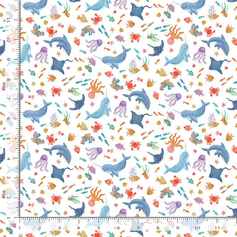 Timeless Treasures Novelty Quilt Fabric - Tossed Ocean Animals in White/Multi - OLIVIA CD1730 WHITE