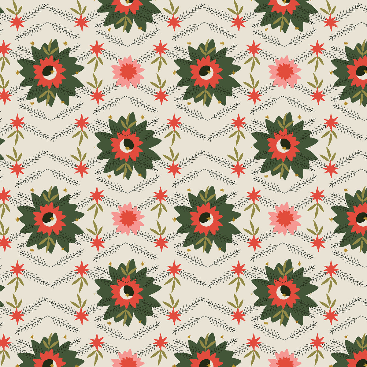Tinsel on the Trail Quilt Fabric by Cotton+Steel - Poinsettia in Mistletoe (Cream/Dark Green) - AC600-MI1M