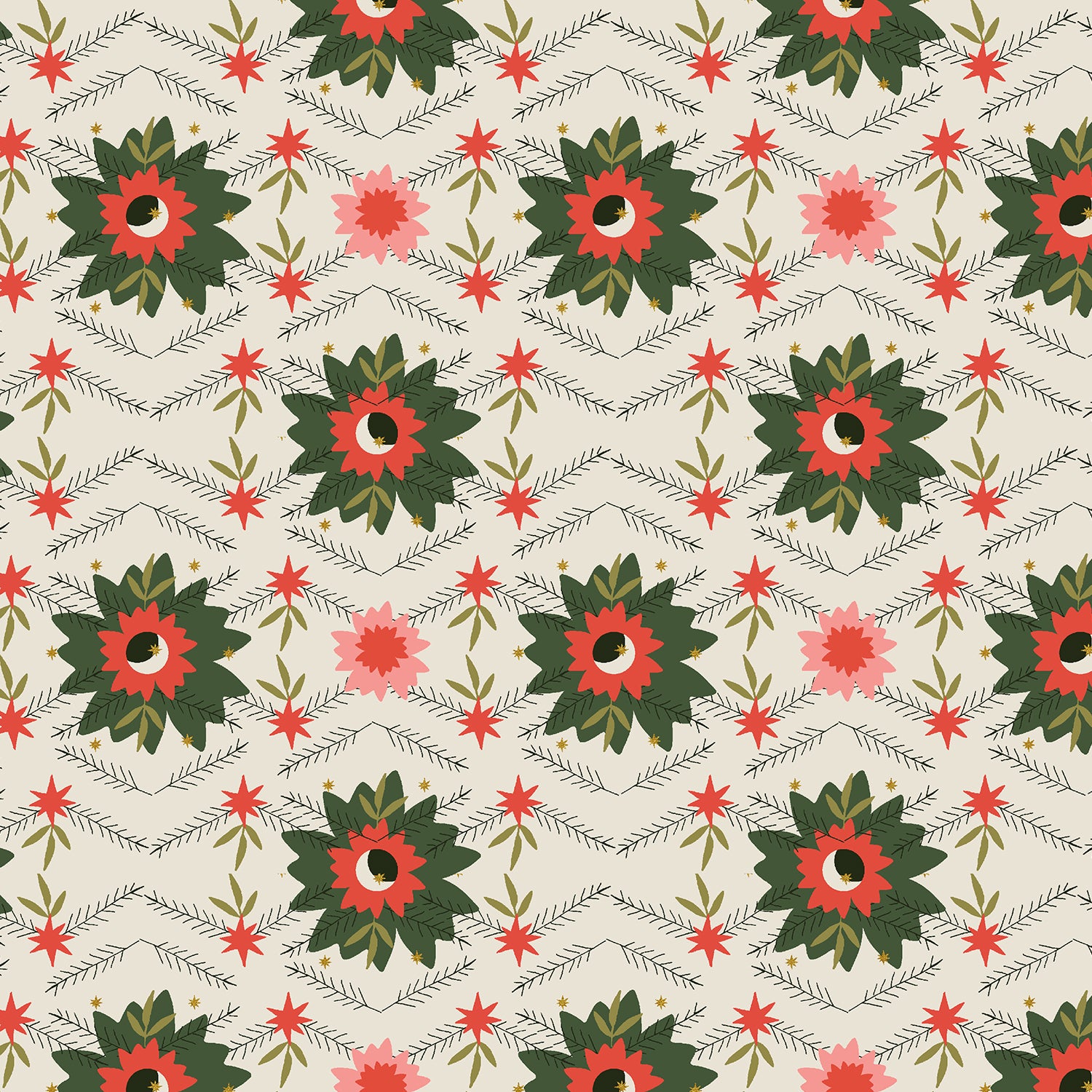 Tinsel on the Trail Quilt Fabric by Cotton+Steel - Poinsettia in Mistletoe (Cream/Dark Green) - AC600-MI1M
