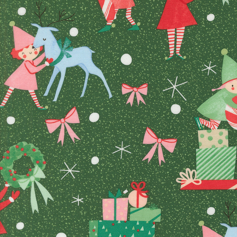 Tiny Christmas Quilt Fabric - Elves in Pine Green - 37131 19